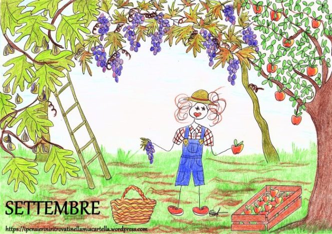 illustrazione per il mese di settembre con mele, uva e fichi